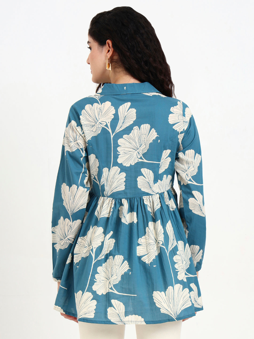 Teal Blue Floral Print Cotton Top
