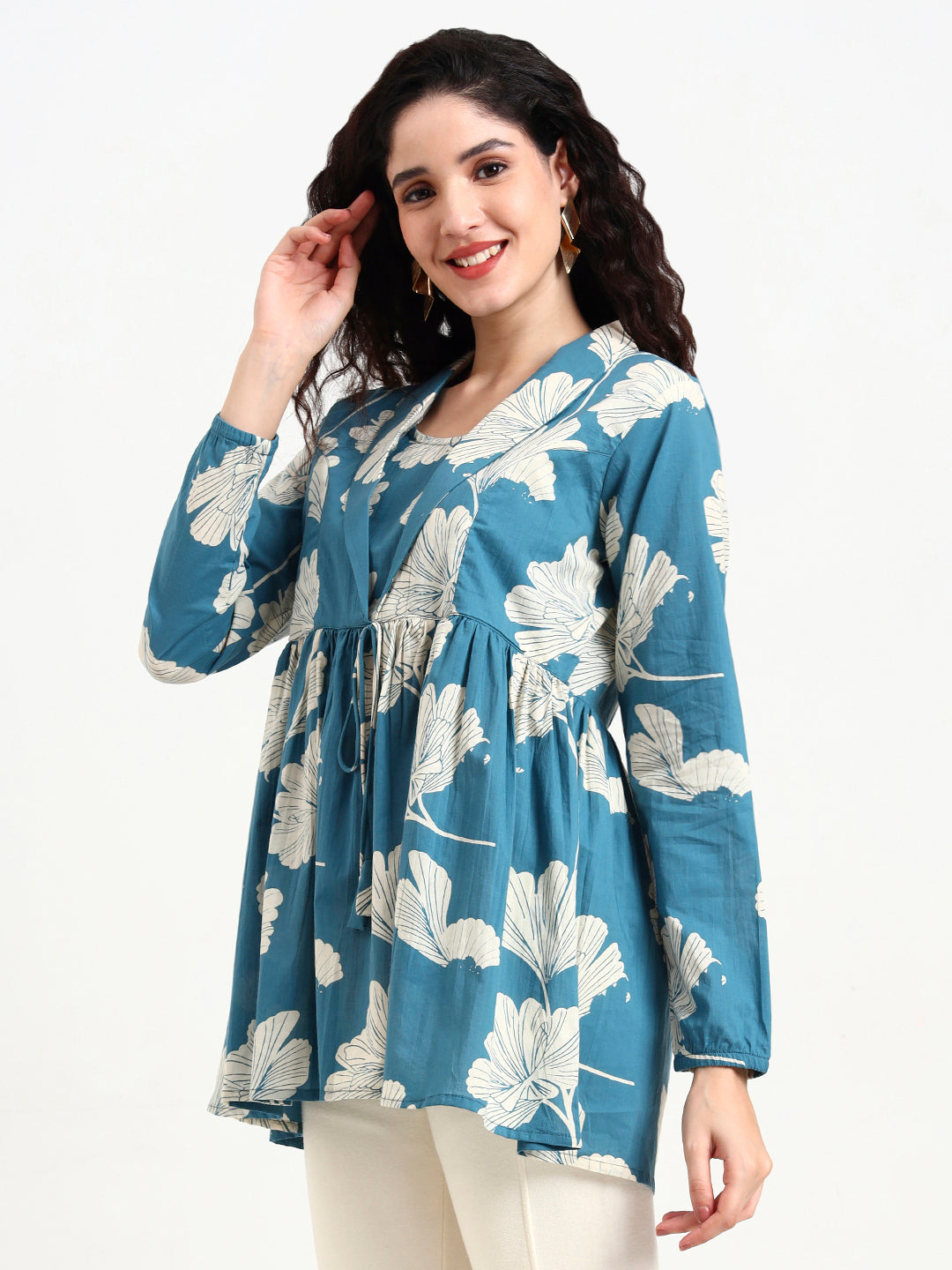 Teal Blue Floral Print Cotton Top