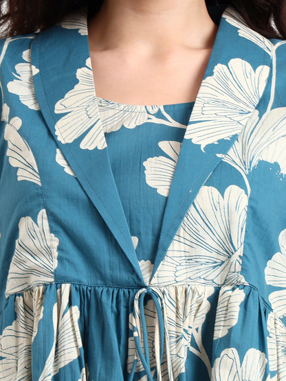 Teal Blue Floral Print Cotton Top