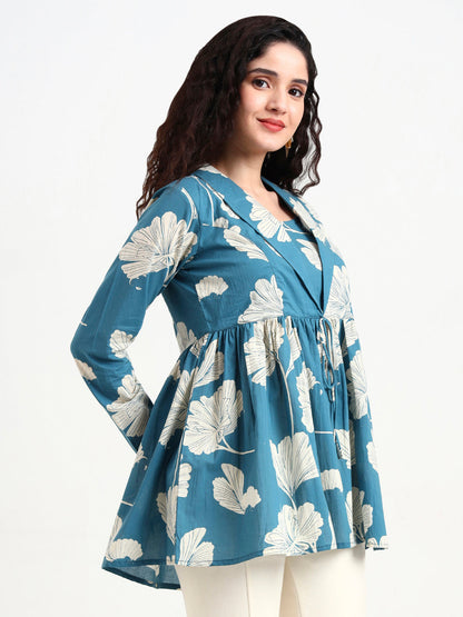 Teal Blue Floral Print Cotton Top