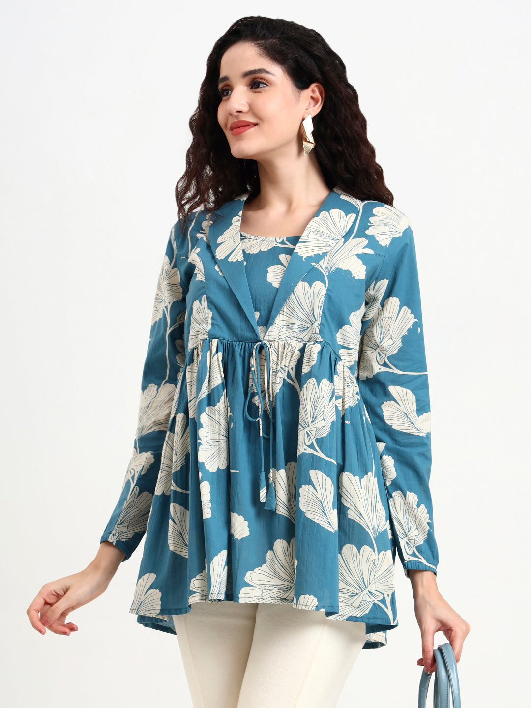 Teal Blue Floral Print Cotton Top