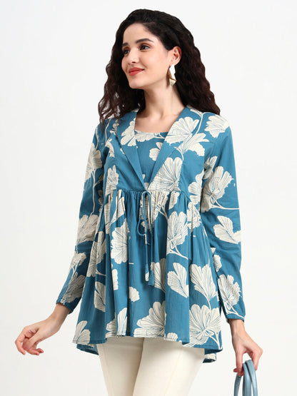 Teal Blue Floral Print Cotton Top