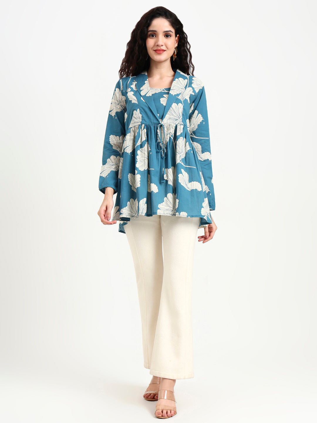 Teal Blue Floral Print Cotton Top