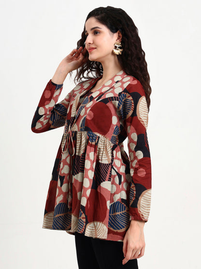 Maroon Floral Print Cotton Top