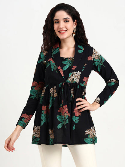 Black Floral Print Cotton Top