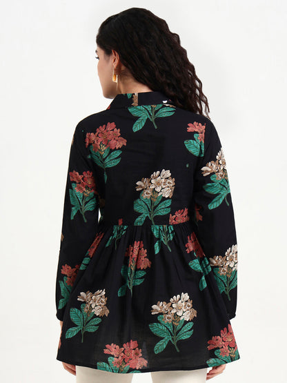 Black Floral Print Cotton Top