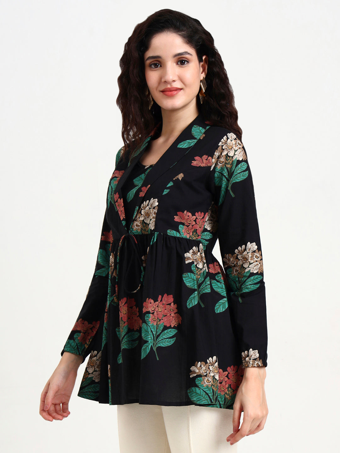 Black Floral Print Cotton Top