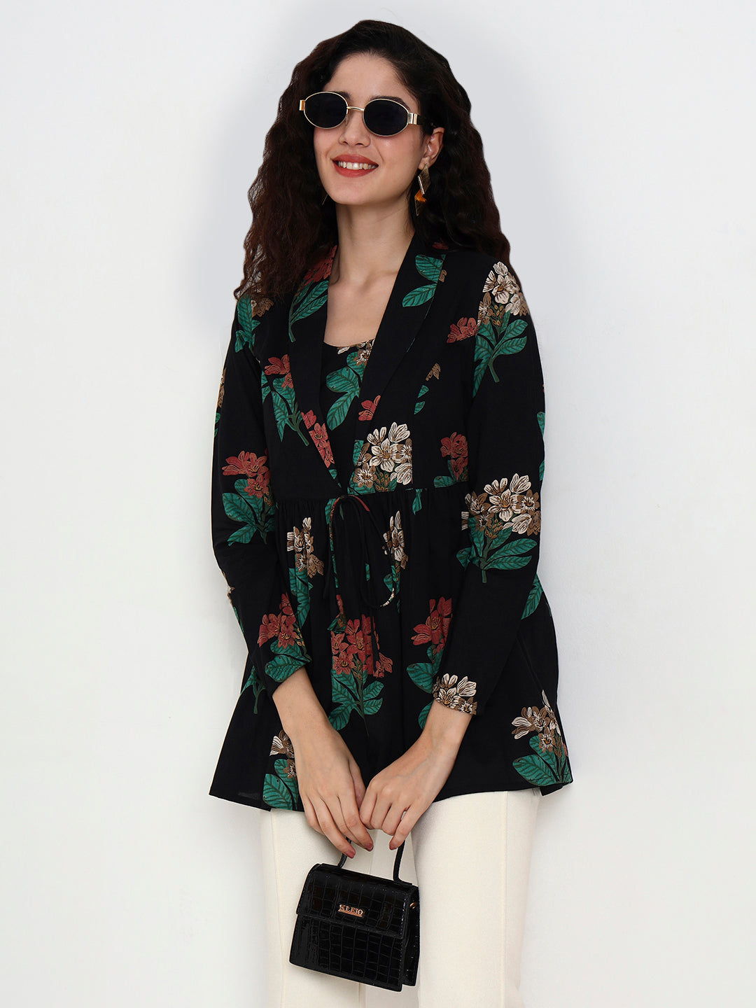 Black Floral Print Cotton Top