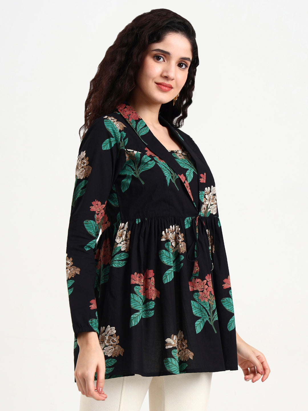 Black Floral Print Cotton Top