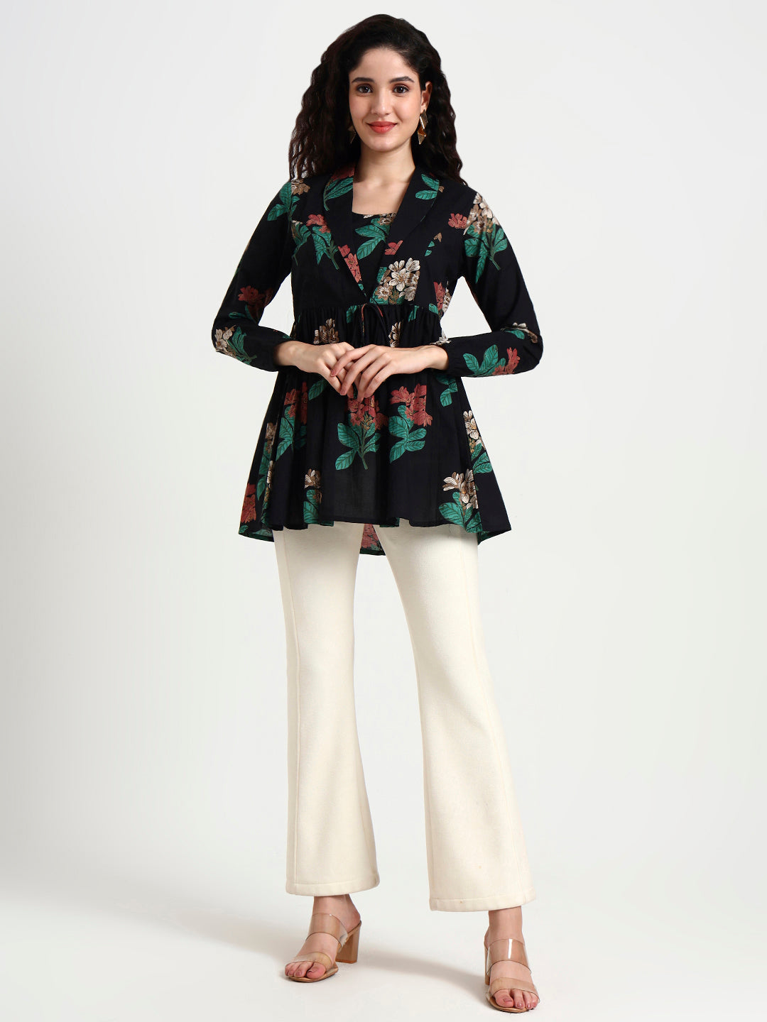 Black Floral Print Cotton Top