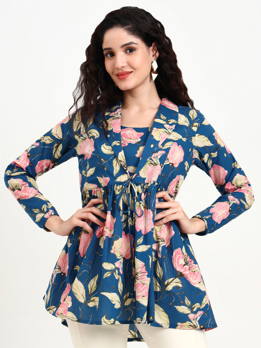 Navy Blue Floral Print Cotton Top