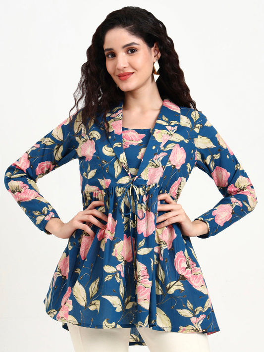 Navy Blue Floral Print Cotton Top