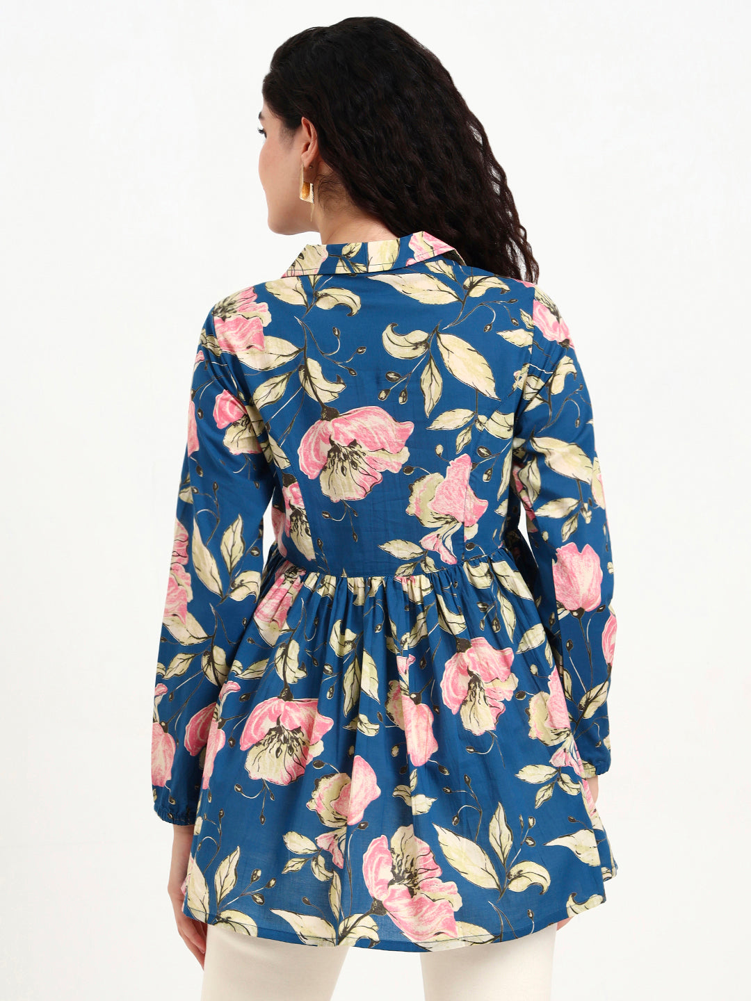 Navy Blue Floral Print Cotton Top