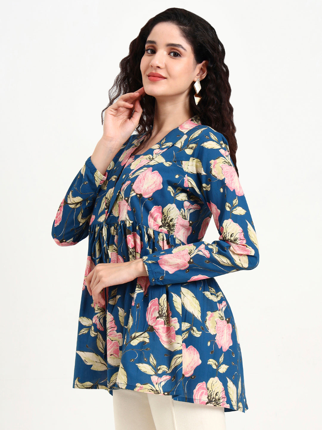 Navy Blue Floral Print Cotton Top