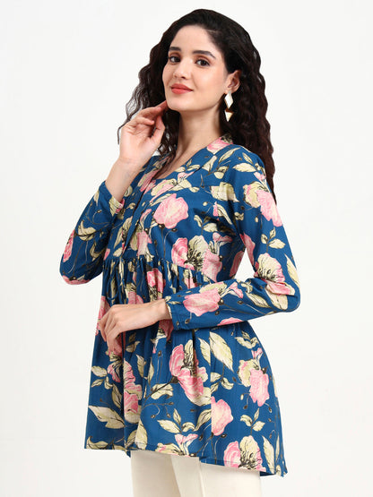 Navy Blue Floral Print Cotton Top