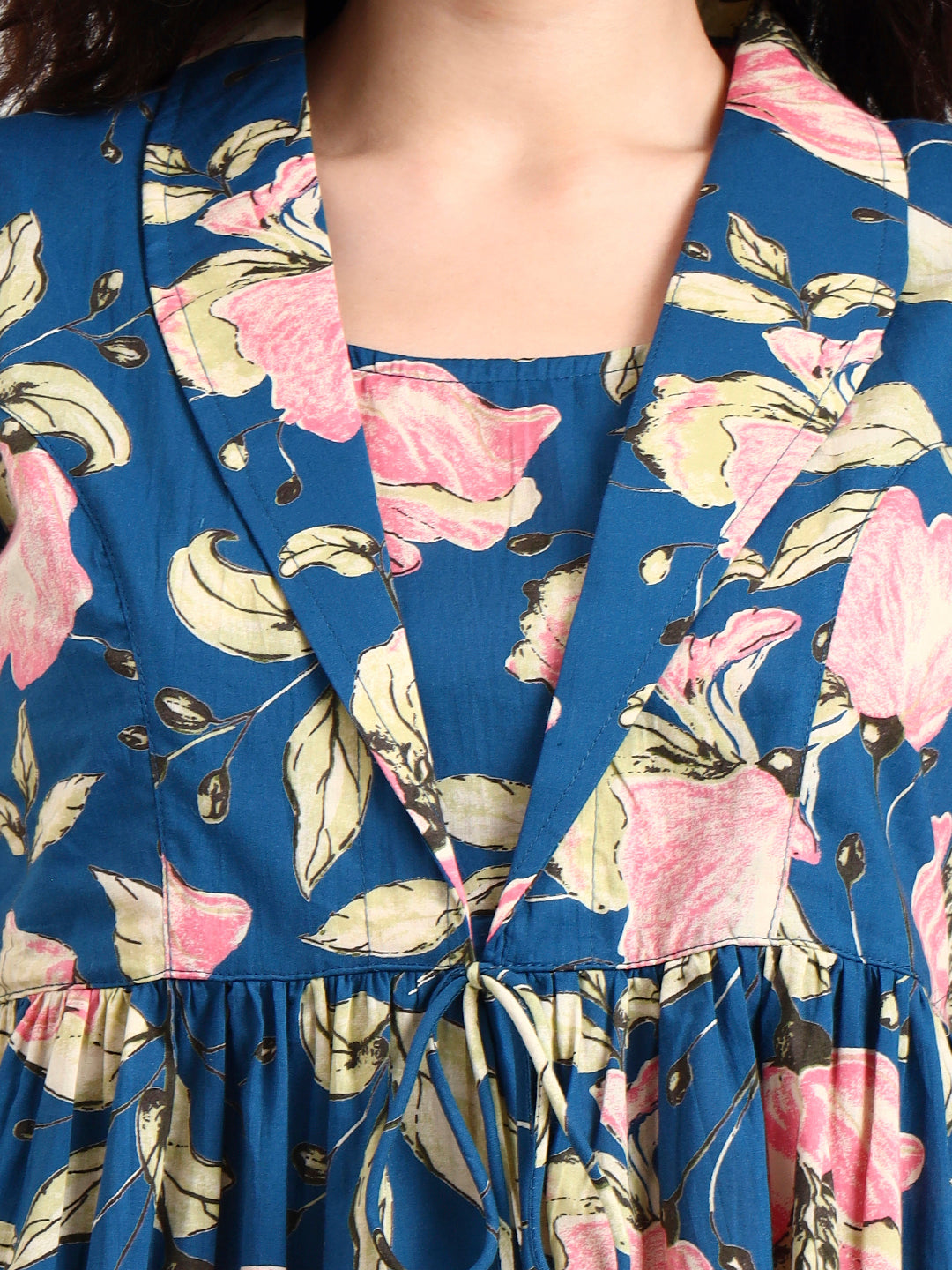 Navy Blue Floral Print Cotton Top