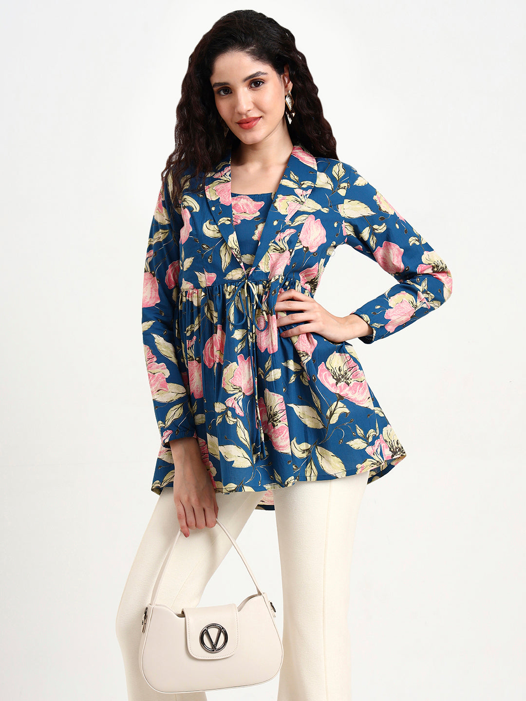 Navy Blue Floral Print Cotton Top