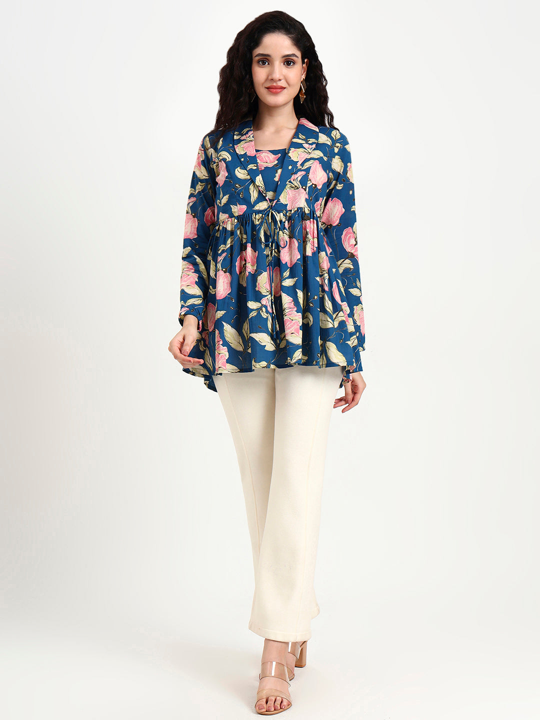Navy Blue Floral Print Cotton Top