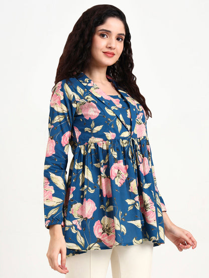 Navy Blue Floral Print Cotton Top