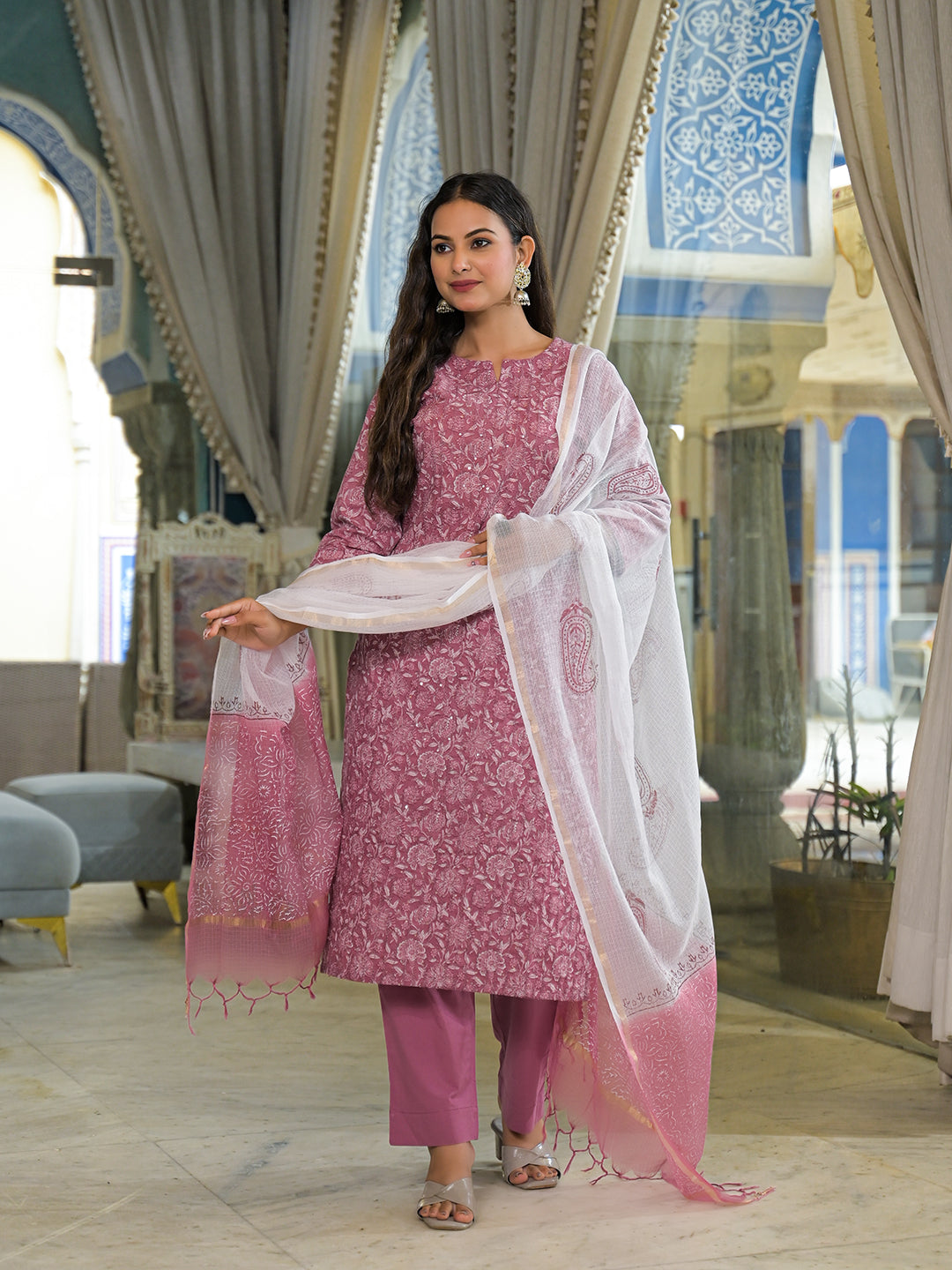 Pink Embroidered Cotton Straight Kurta Pant Set With Dupatta