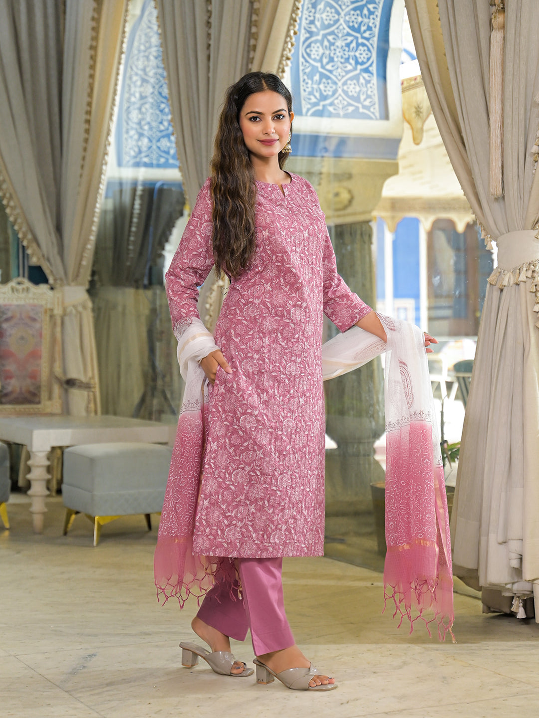 Pink Embroidered Cotton Straight Kurta Pant Set With Dupatta
