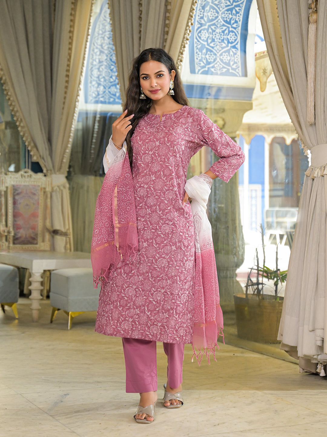Pink Embroidered Cotton Straight Kurta Pant Set With Dupatta