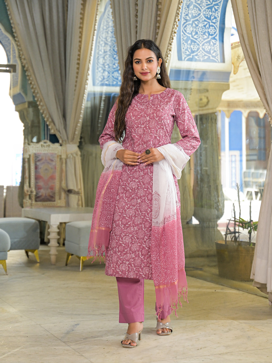 Pink Embroidered Cotton Straight Kurta Pant Set With Dupatta