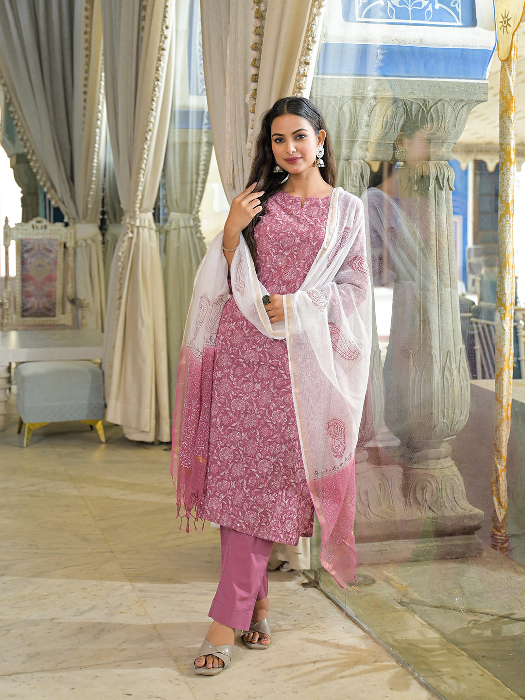 Pink Embroidered Cotton Straight Kurta Pant Set With Dupatta