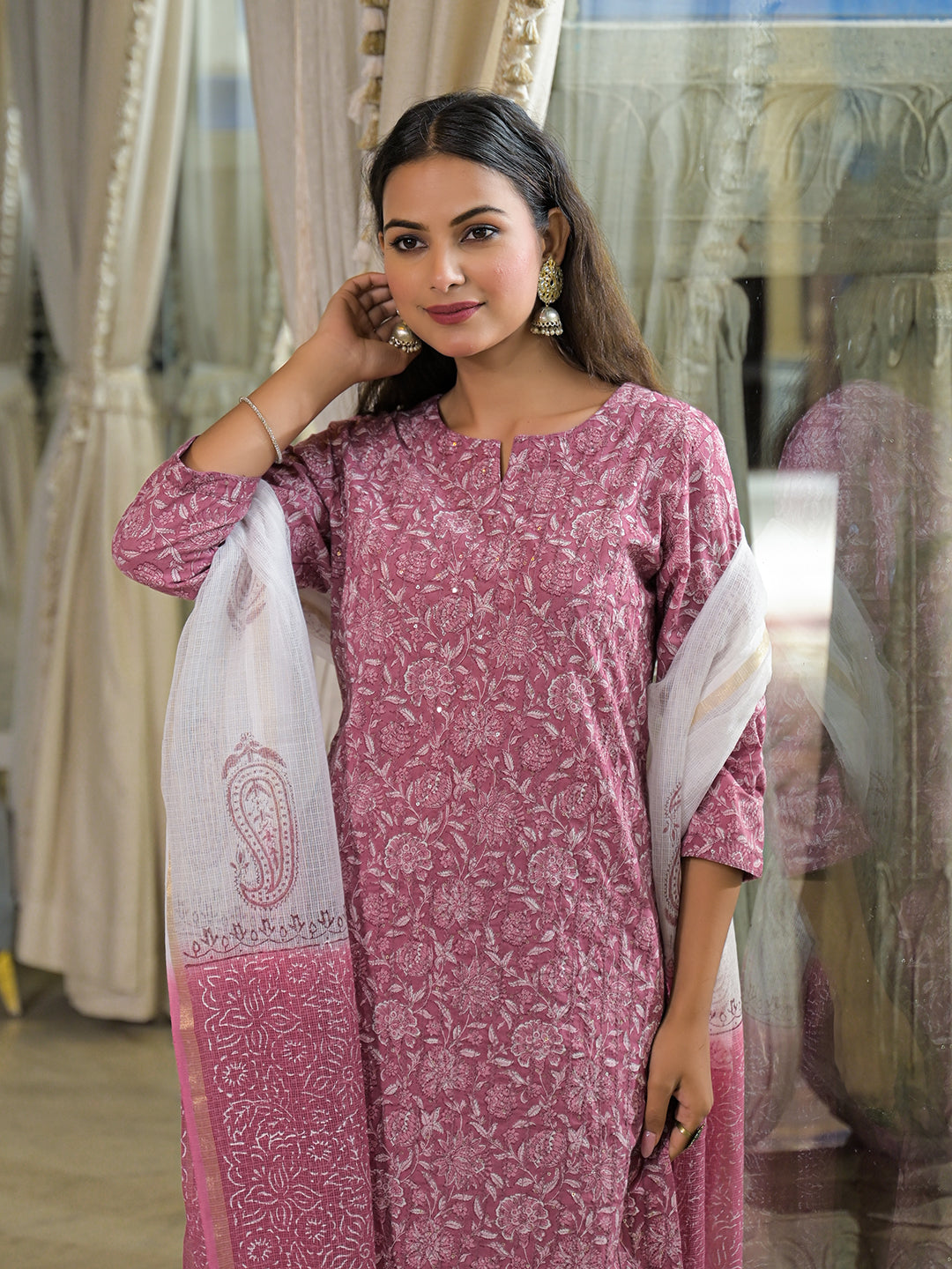 Pink Embroidered Cotton Straight Kurta Pant Set With Dupatta