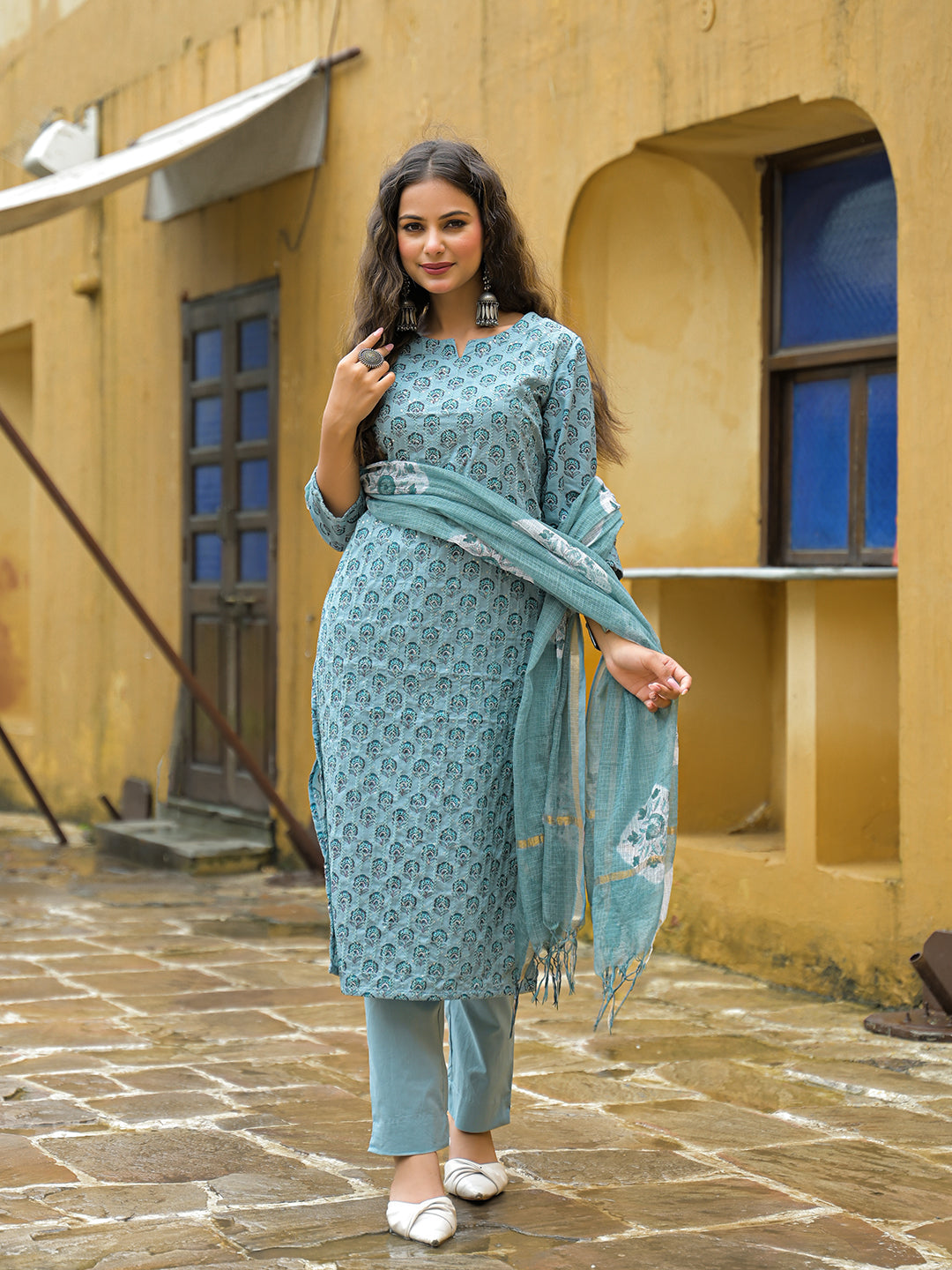 Blue Embroidered Cotton Straight Kurta Pant Set With Dupatta