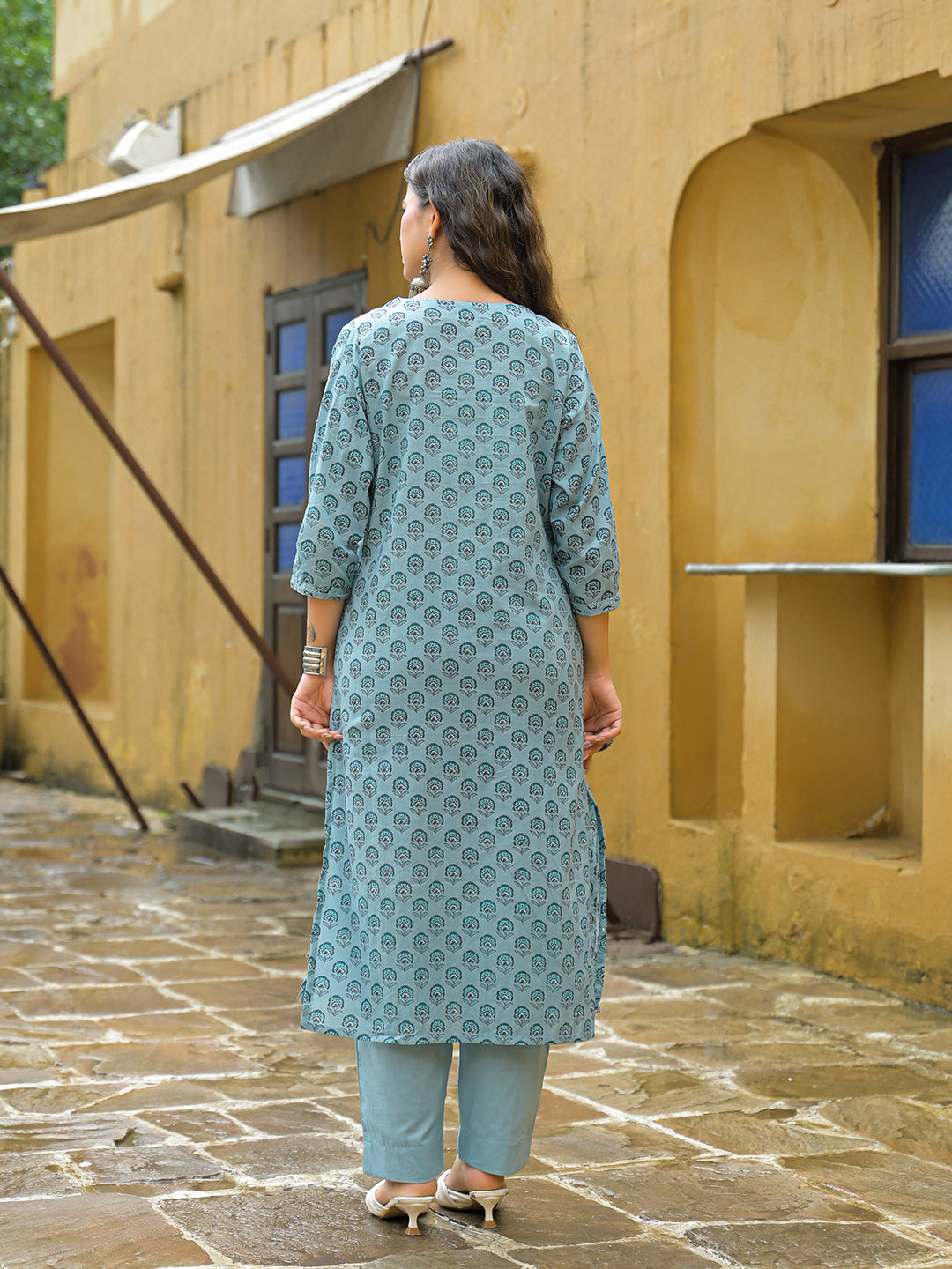 Blue Embroidered Cotton Straight Kurta Pant Set With Dupatta