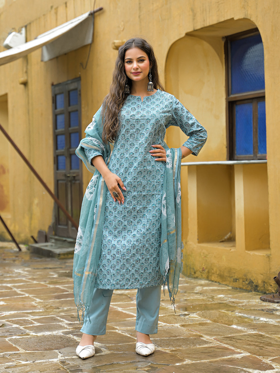 Blue Embroidered Cotton Straight Kurta Pant Set With Dupatta