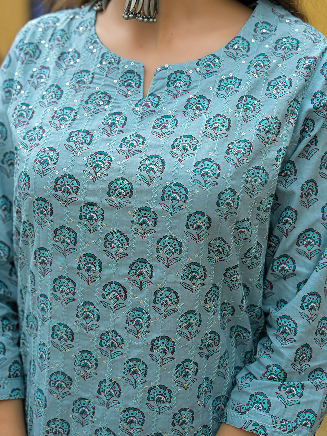 Blue Embroidered Cotton Straight Kurta Pant Set With Dupatta