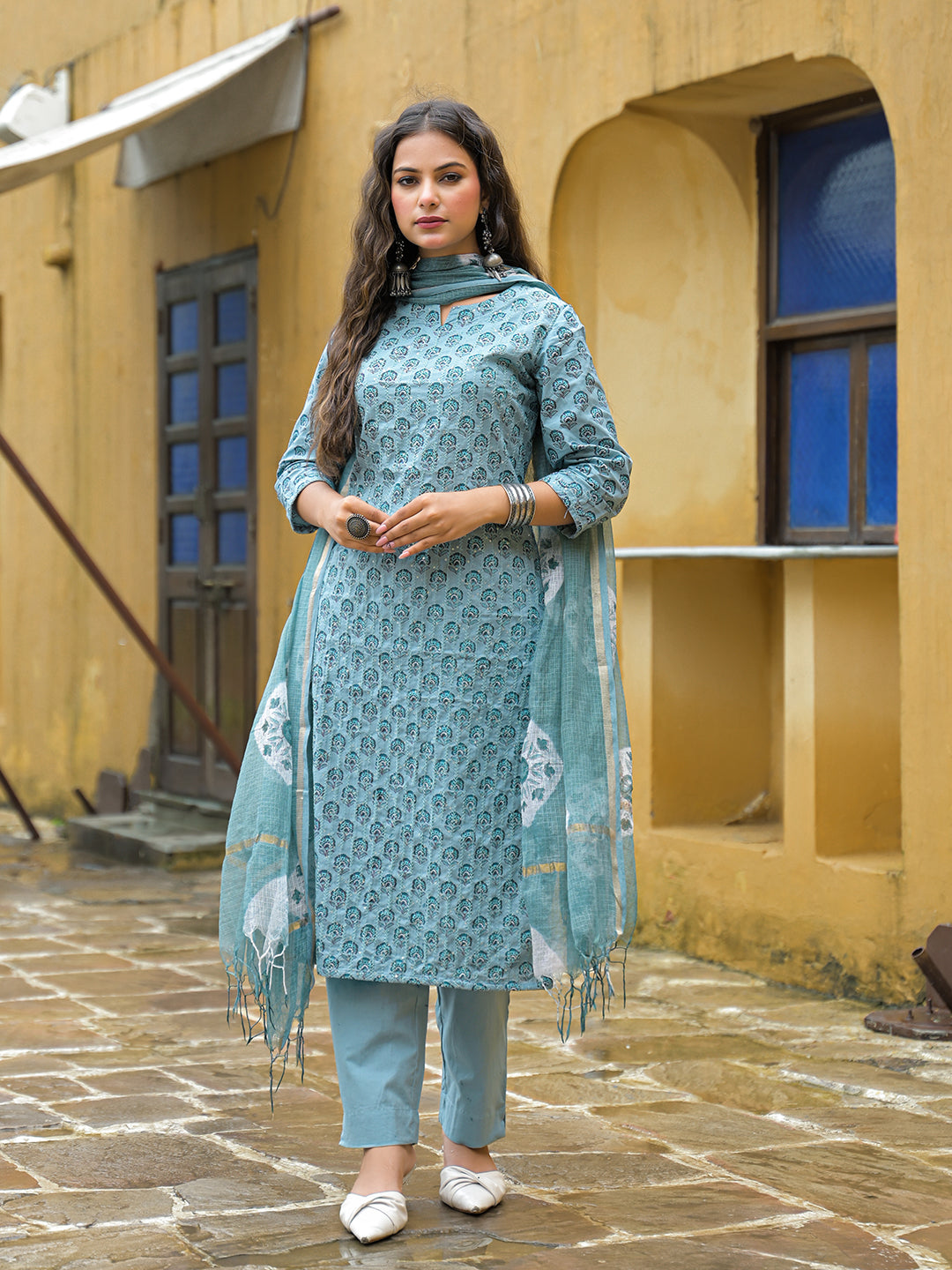 Blue Embroidered Cotton Straight Kurta Pant Set With Dupatta