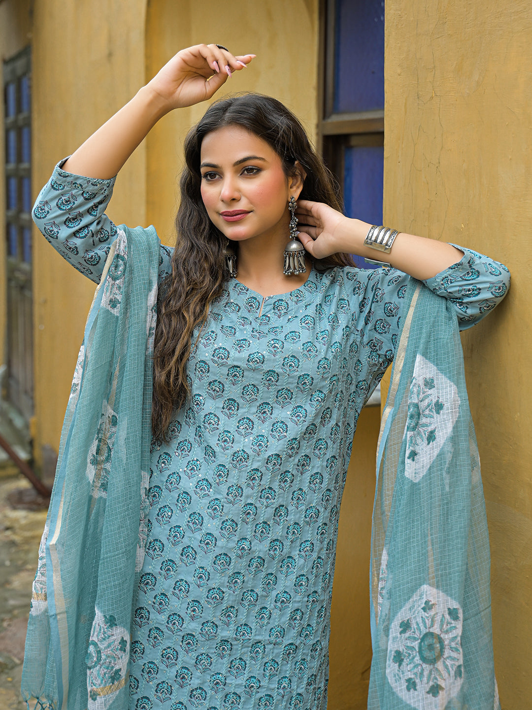 Blue Embroidered Cotton Straight Kurta Pant Set With Dupatta