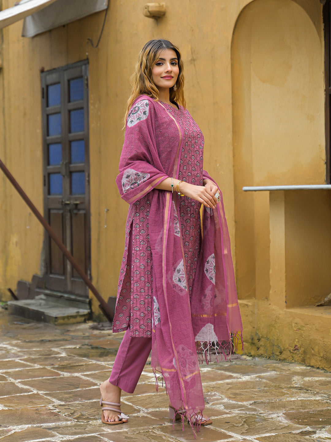 Pink Embroidered Cotton Straight Kurta Pant Set With Dupatta