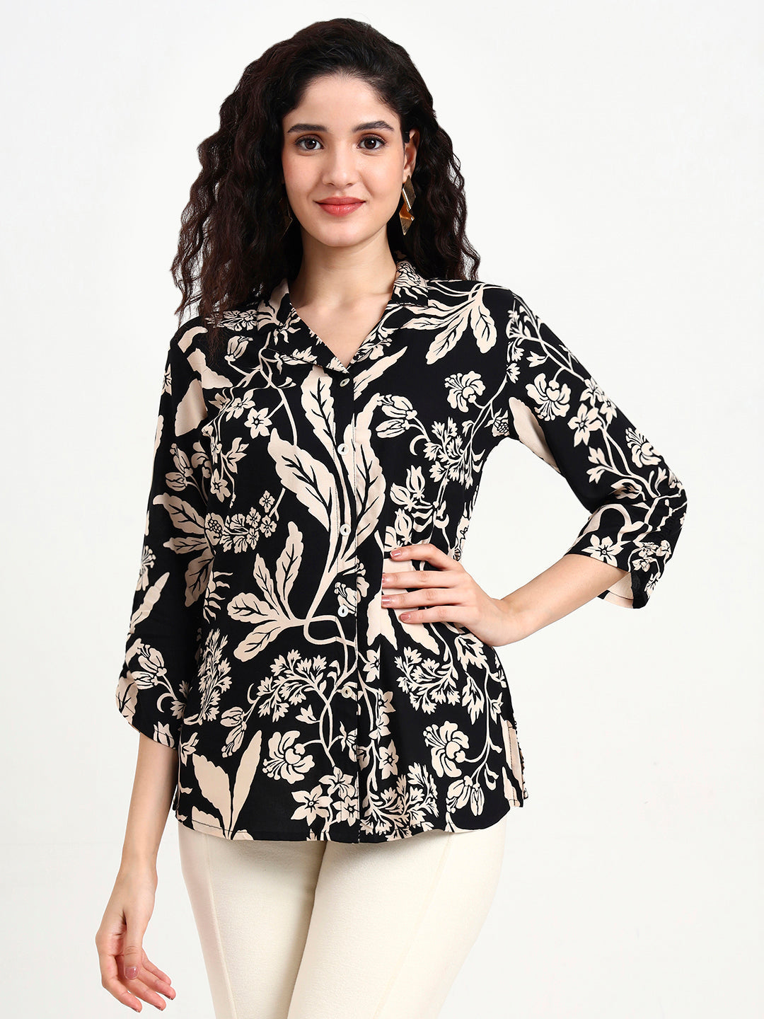 Black Floral Print Rayon Top