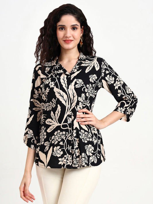 Black Floral Print Rayon Top