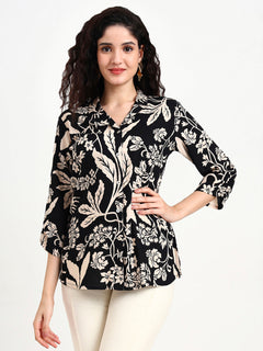 Black Floral Print Rayon Top