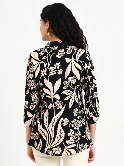 Black Floral Print Rayon Top