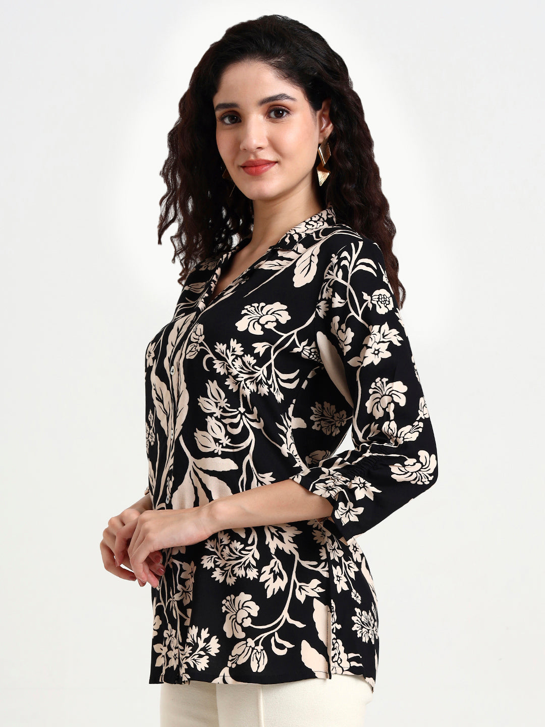 Black Floral Print Rayon Top