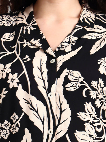 Black Floral Print Rayon Top