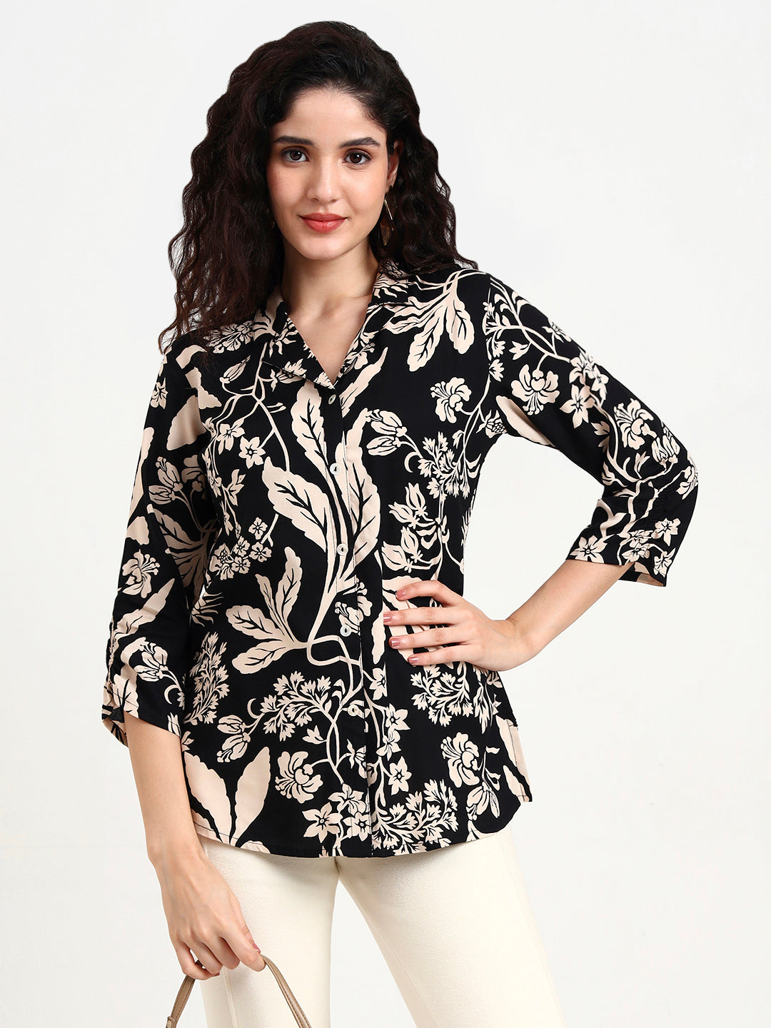 Black Floral Print Rayon Top