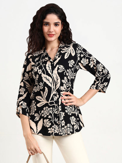 Black Floral Print Rayon Top