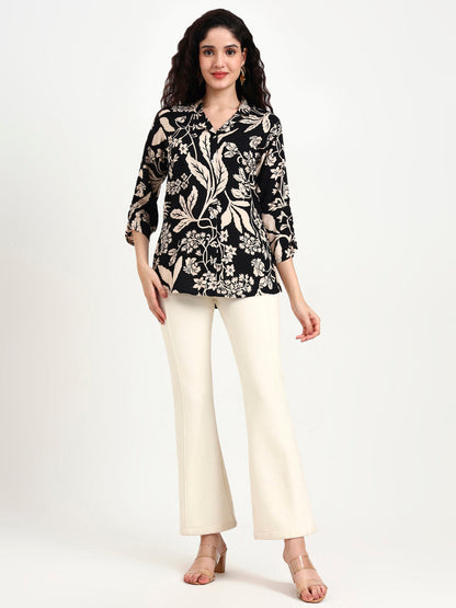 Black Floral Print Rayon Top