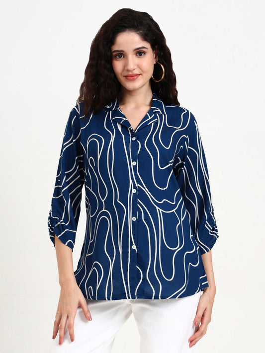 Teal Blue Asymetric Print Rayon Top