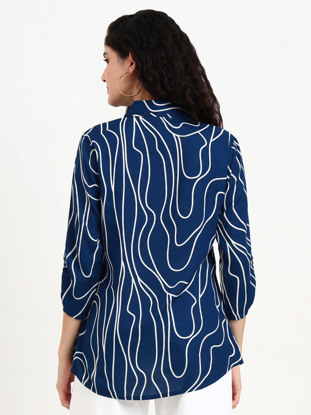 Teal Blue Asymetric Print Rayon Top