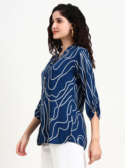 Teal Blue Asymetric Print Rayon Top