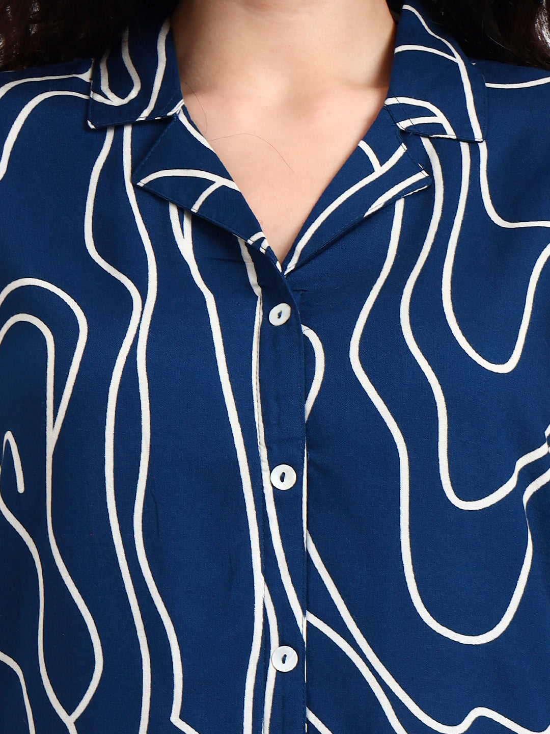 Teal Blue Asymetric Print Rayon Top