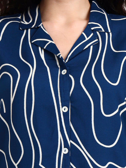 Teal Blue Asymetric Print Rayon Top